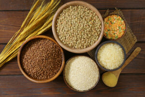 assortment of different grains – buckwheat, rice, lentils, quinoa