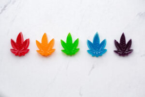 Homemade cannabis infused rainbow gummy candy edibles.